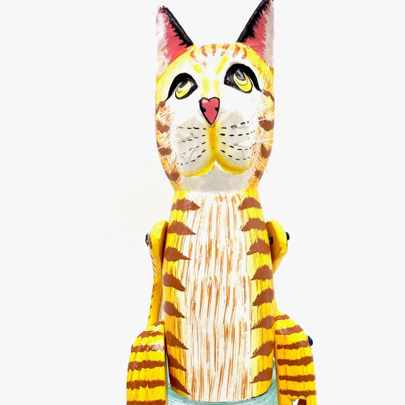 Yellow Cat Puppet Hand Carved and Painted Sitting Puppet - Picture 1 of 3